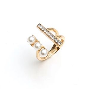 💥3/$28 New Adjustable Linear Pearl and Rhinestone Open Cuff Ring ~ Column Ring
